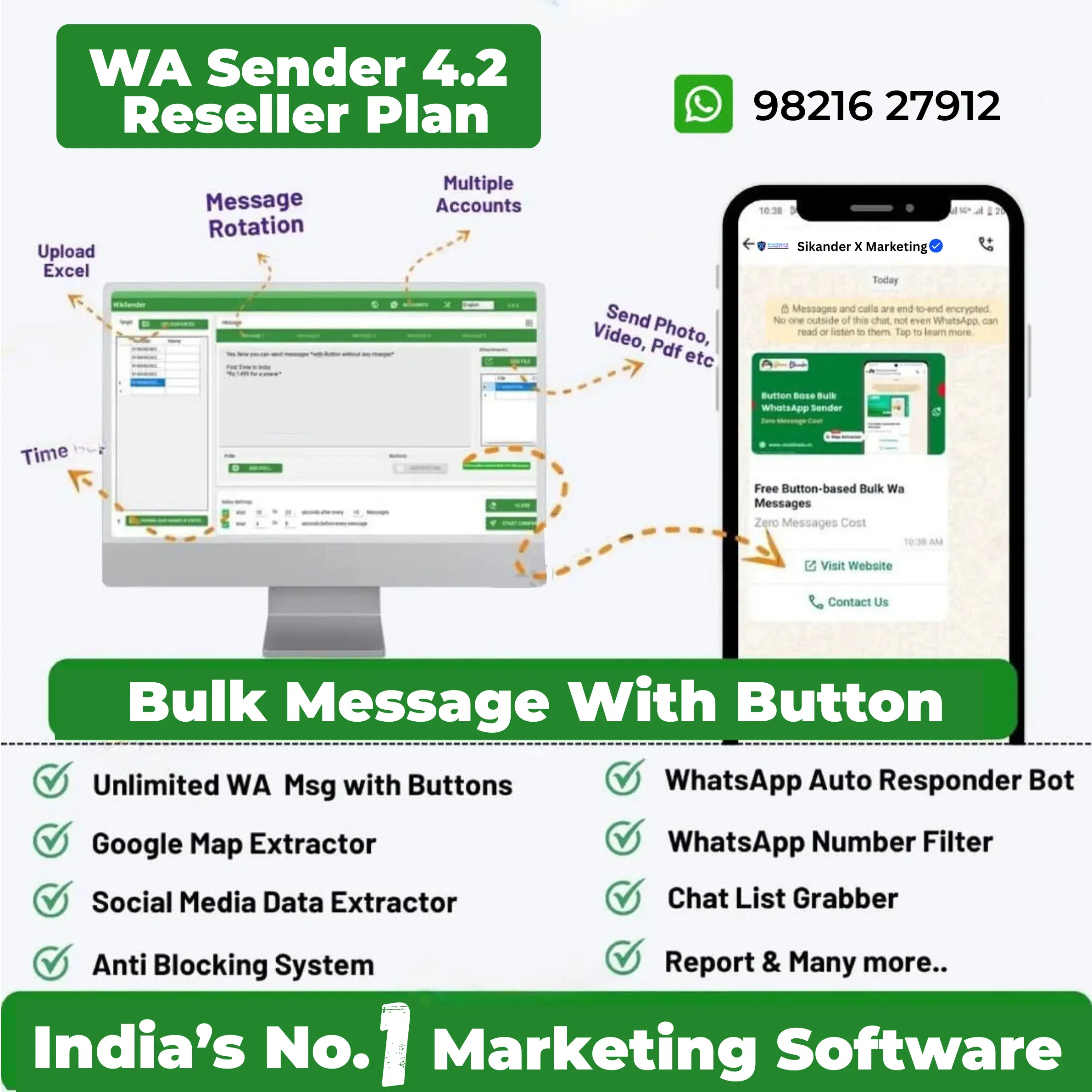 Wa Sender Reseller Plan dashboard and WhatsApp marketing tools interface